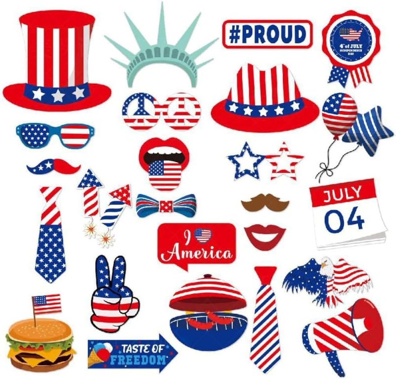 25-Piece 4th of July Patriotic Photo Booth Props Kit, Independence Day and Labor Day Party Favors, USA American Memorial Day and Veterans Day Photography Backdrop Decorations
